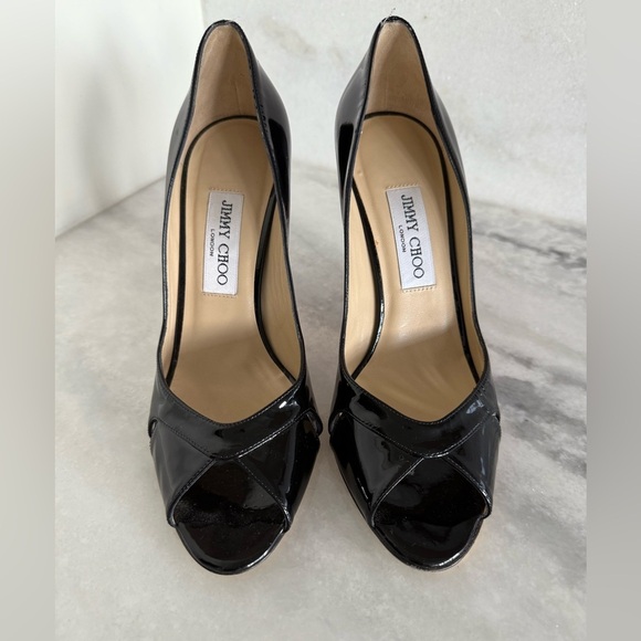 Jimmy Choo Black Patent Heels with Pink Accent & Gold Bottoms • 39 - Picture 3 of 9